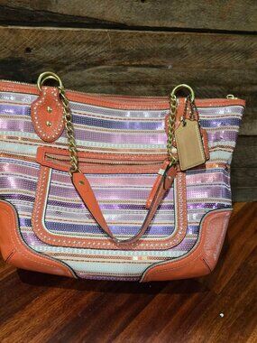 Coach Poppy Collection Sequin Striped Tote Bag in Vibrant Coral Shade